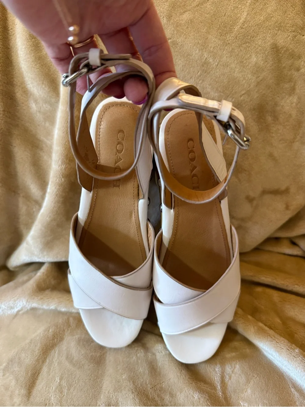 Coach Astor Cream Leather Wood Platform Sandal with Stud Accents